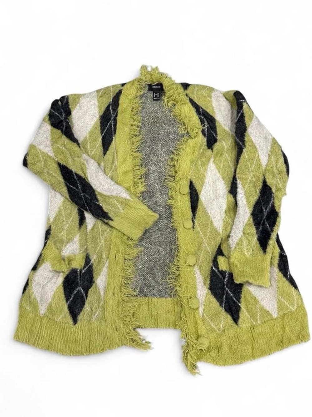 Green Argyle Fringe Open Cardigan Sweater